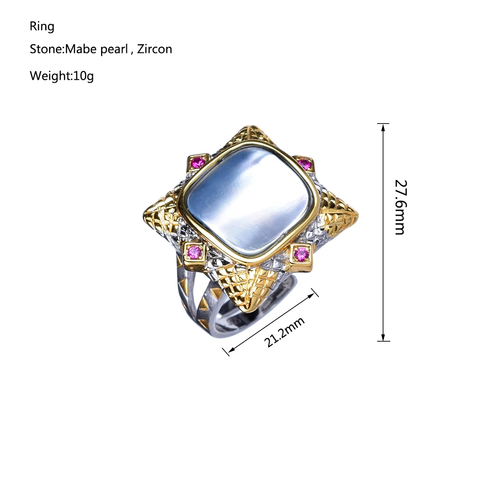 925 Silver Gold Plated Mabey Bead Zircon Inlaid Ring Italian Handicraft Mabei Bead Zircon Inlaid Ring