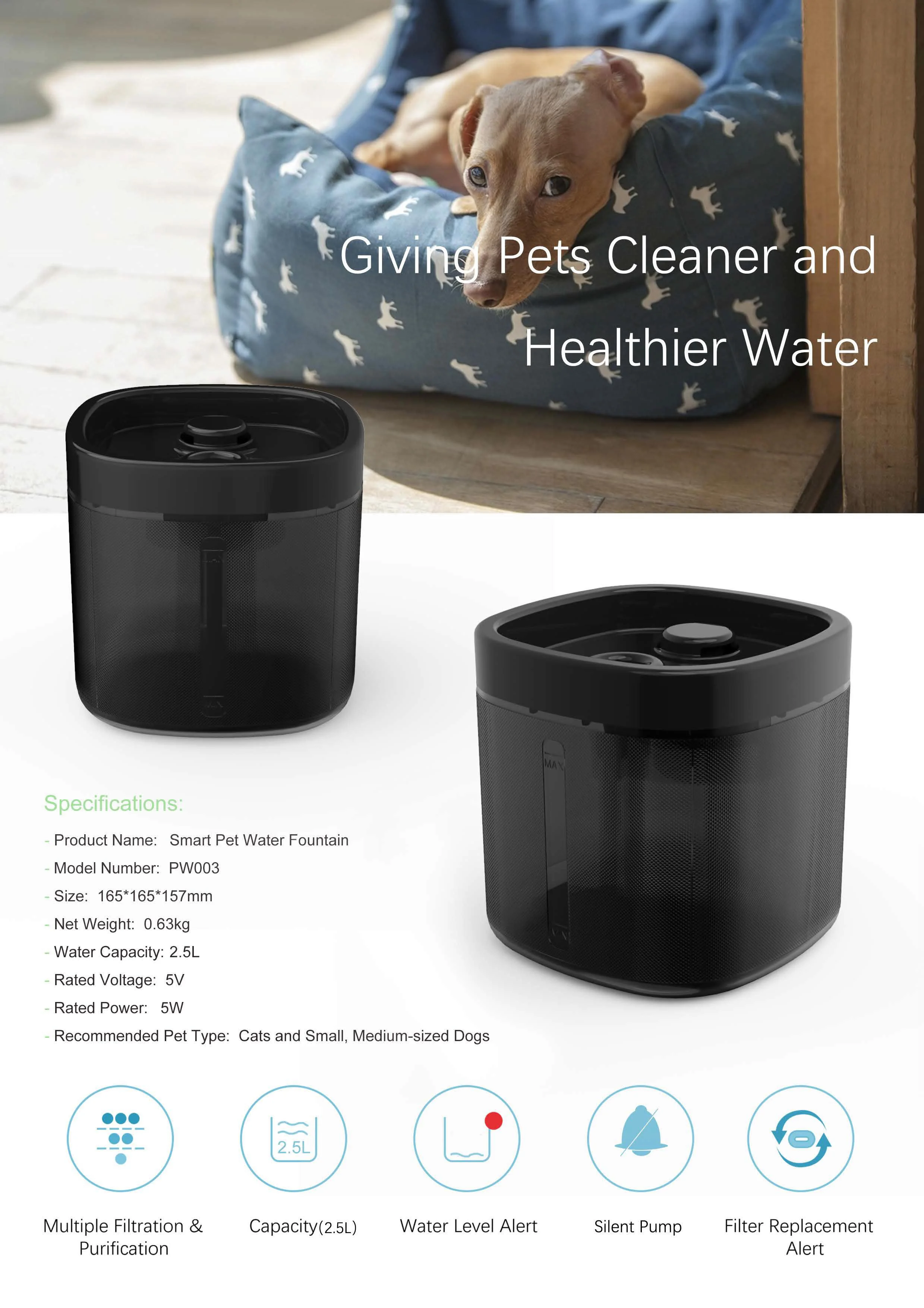PET Cat Drinking Fountain 2.5L Automatic Cat Water Fountain Dispenser Drinking Bowl for Cats Dog