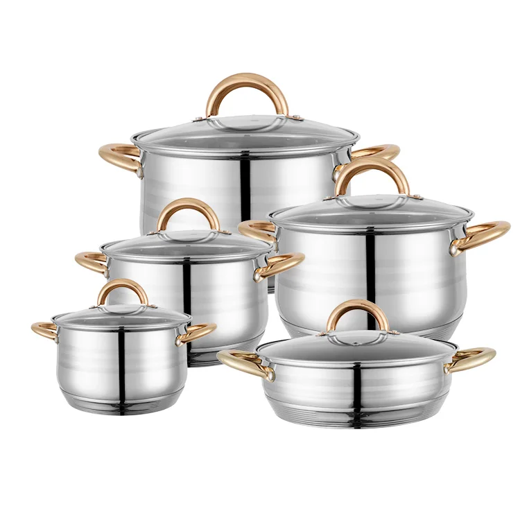 Amazon Hot Sale Gold Plated Handle Stainless Steel 6 piece 12pcs Cookware Kitchen Cooking Milk Pot Stew Pot