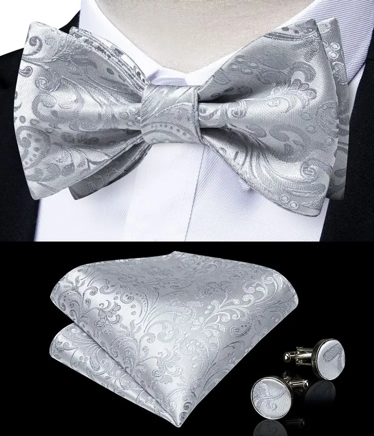 Custom Fashion Silver Self Tie Bow Tie Gray Luxury Silk Paisley Italian Bow Ties For Men