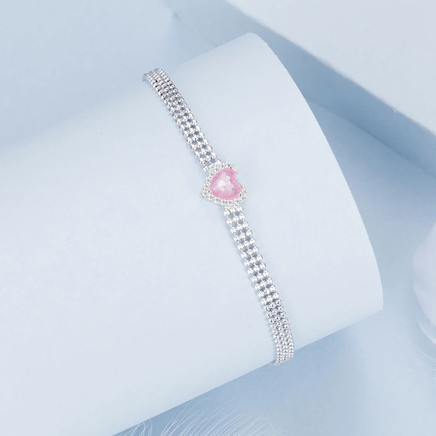Simple ice flower pink bracelet  sweet and girly heart-shaped zircon 925 sterling silver bracelet
