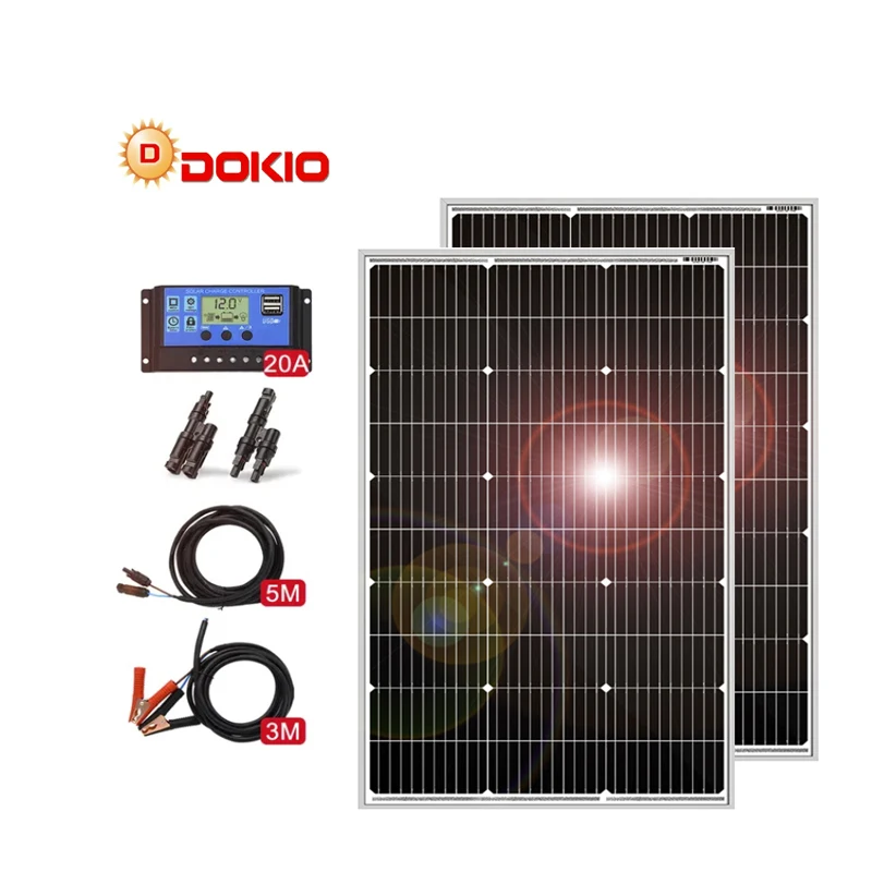 DOKIO Half Cell 100W 200W Monocrystalline house Solar system Panels 2pcs 100W With 12V 20A Controller for Charger Batteries