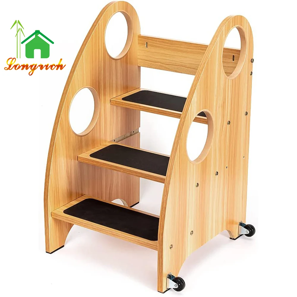 Оптовая продажа деревянный детский стул нескользящий кухонный табурет Детская обучающая башня для малышей с колесами