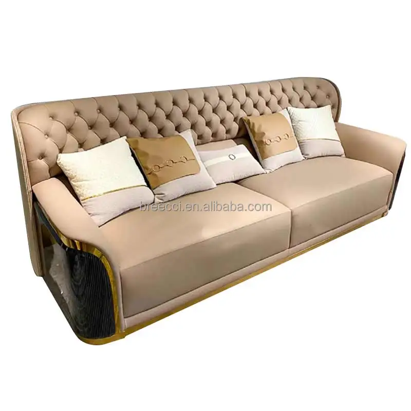 Italian Modern Luxury High Quality Gold Stainless Steel Imitation Leather Sectional Sofas for Hotel Living Room Furniture Sets