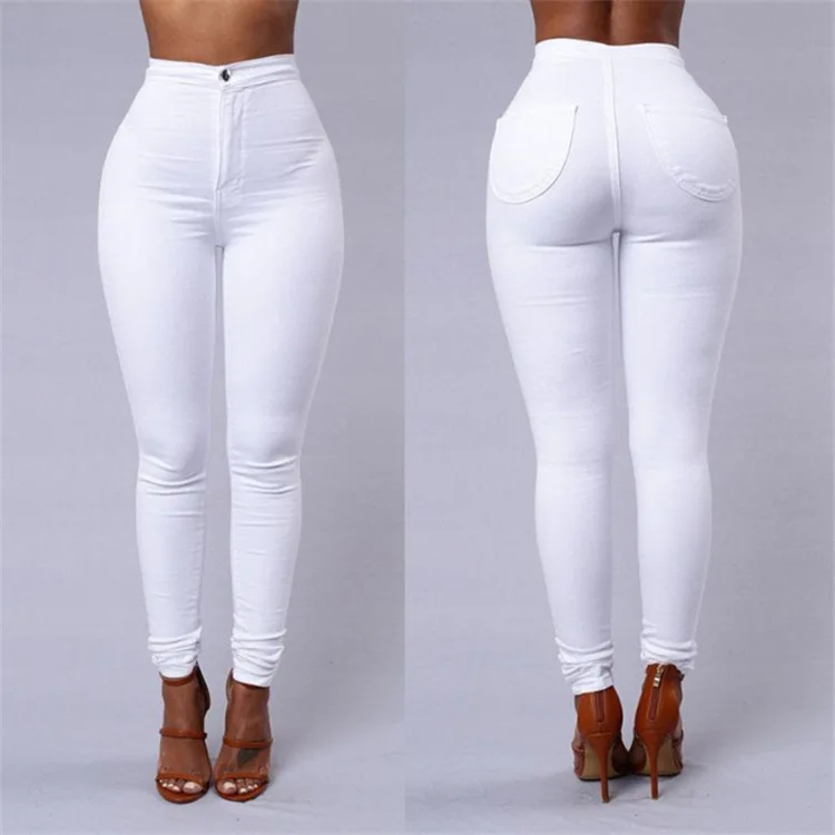 QC Candy color high waist women pants buttons skinny stretch denim jeans white jeans