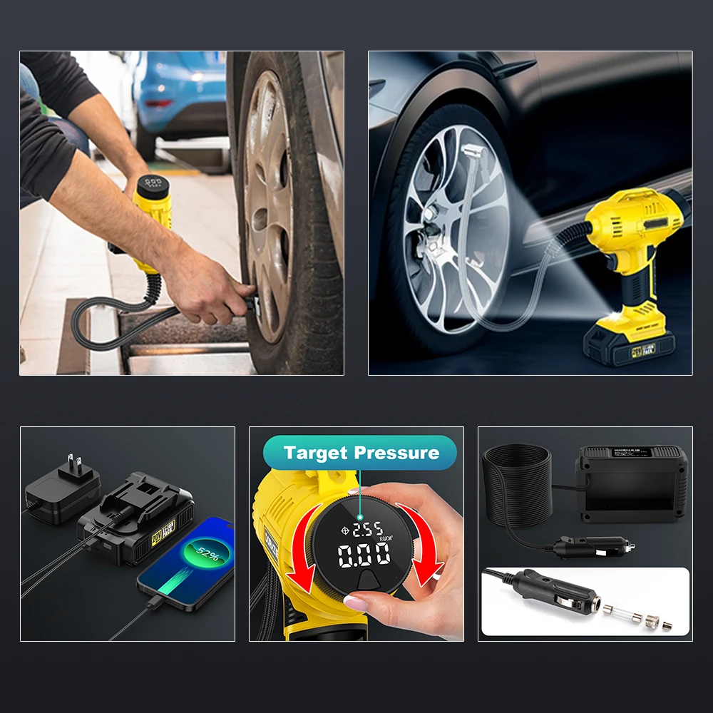 Dual Power Rechargeable Digital Air Pump with with Battery Level Display Bike Tire Inflator Car Air Compressor