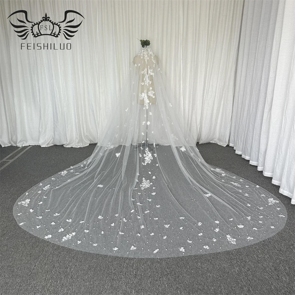 Feishiluo Luxury  Bead Diamond Bridal Veils One layer Long Cathedral  full flower lace wedding  veil with comb 350 cm long