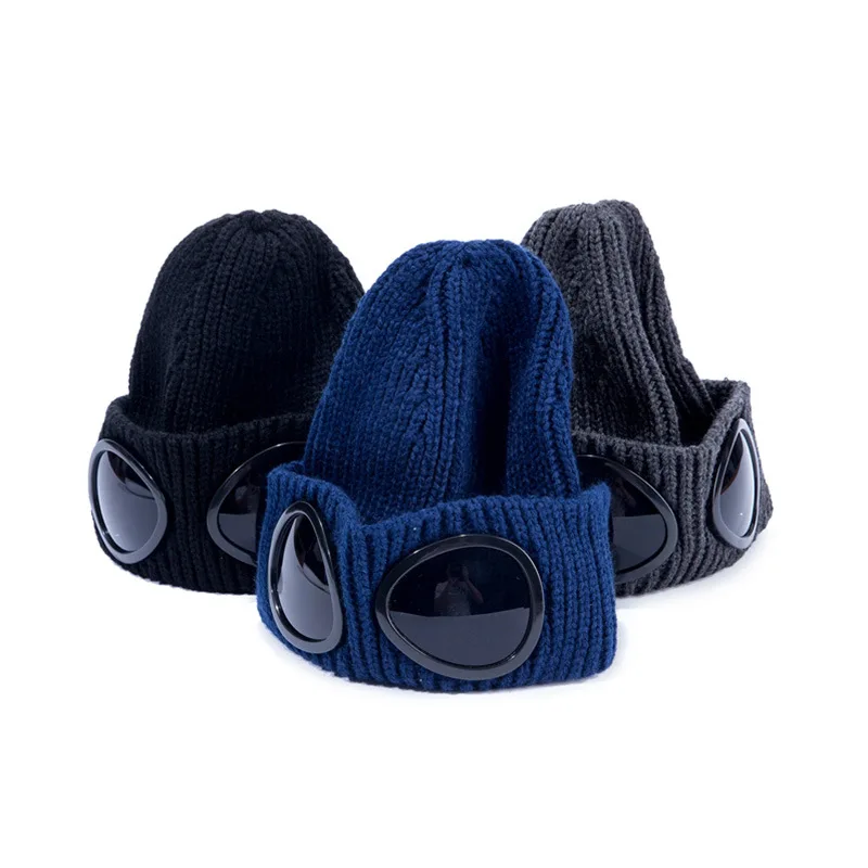 Autumn Winter Fashion Trendy Glasses Pilot Sunglasses Knitted Hat Cuffed Ski Skull Beanies Cap With Sunglass