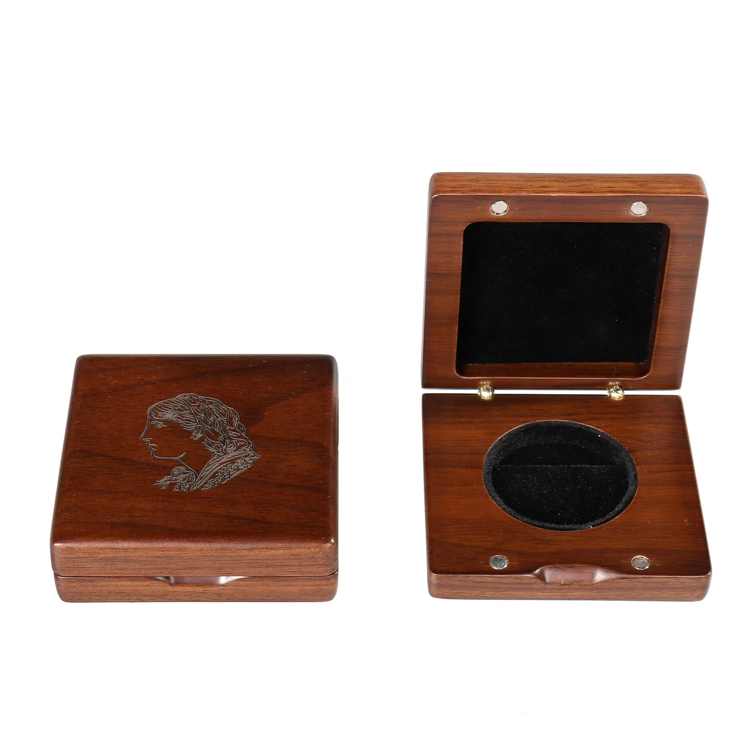High quality customization wood coin display box medallion presentation storage gift wooden coin box