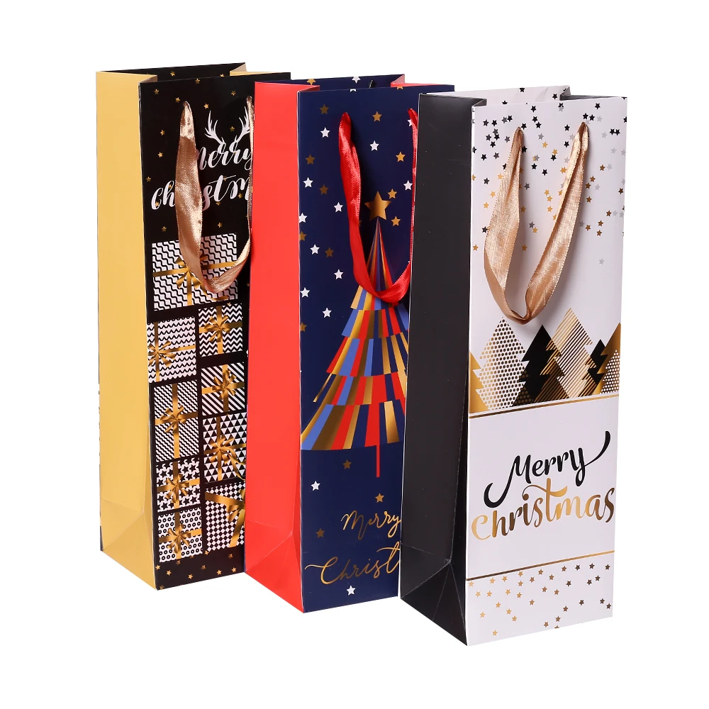 2022 Custom Christmas Wine Paper Bag With Different Design Wine Kraft Paper Gift Bag For Wine Bottles In Stock