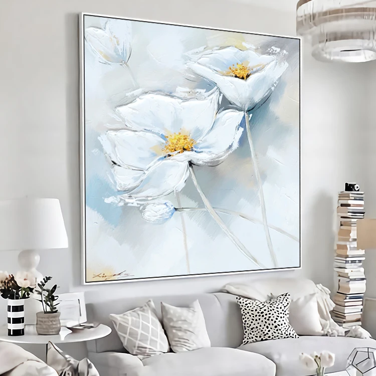 Abstract Modern Art White Flower Handmade Canvas Oil Painting For Wall Decor