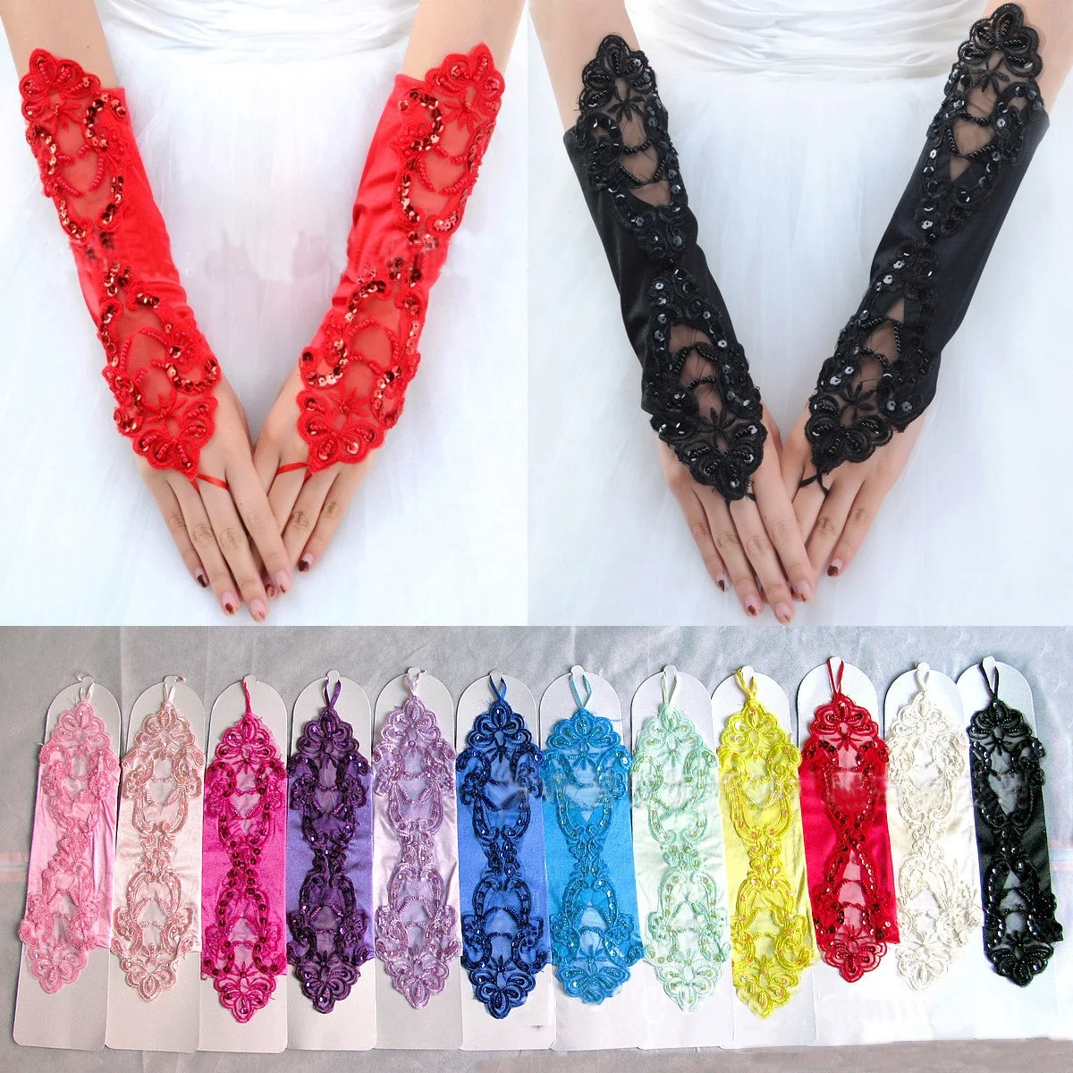 Wholesale Wedding Bridal Hook Finger Gloves Lace Double-end Flower Banquet Performance Gloves
