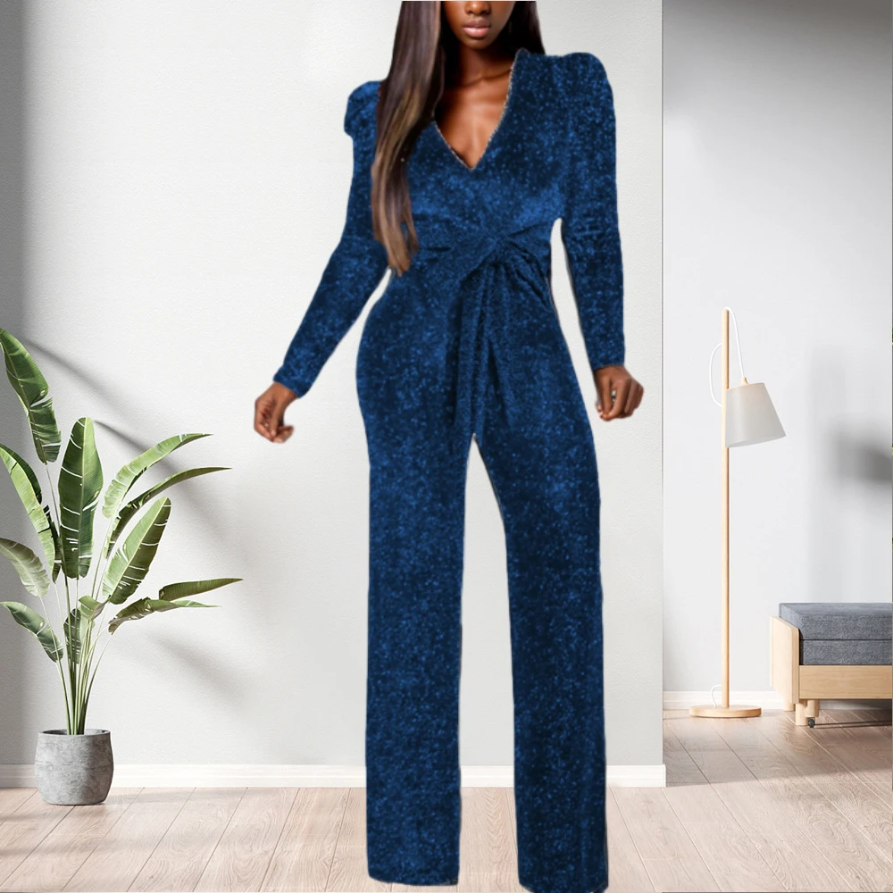 10802-MX97 Loose V-neck One Piece Wide Leg Jumpsuit Women Sehe Fashion