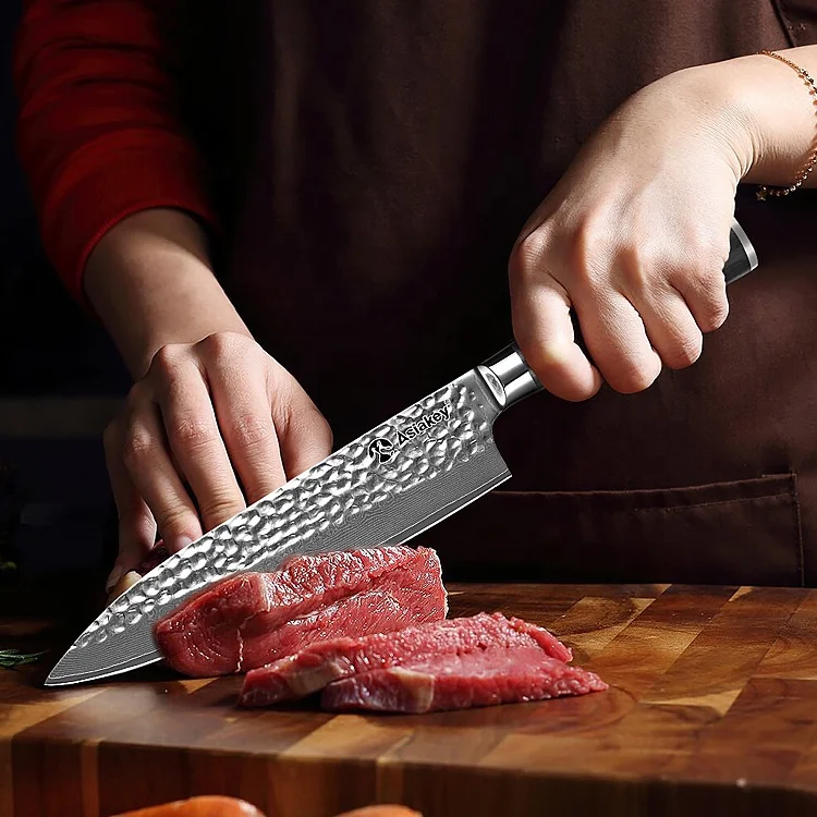Customized Pakka Wood Handle 5 PCS Professional Chef Knives Damascus Steel Hammed Pattern Santoku Slicer Knife Kitchen Knife Set