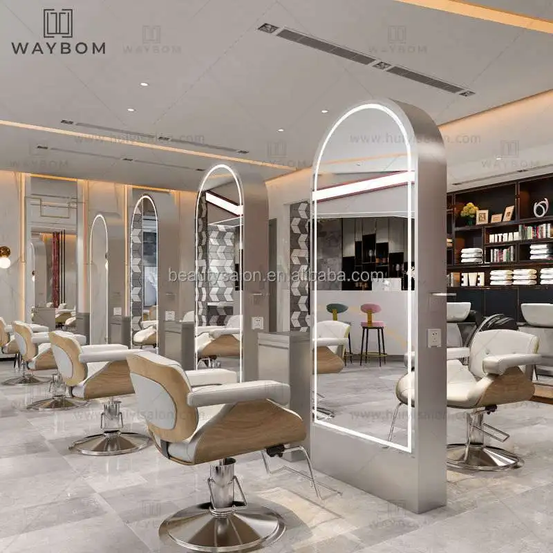 pink metal hair salon mirror station barber stations furniture large mirror salon stylish  led mirror for beauty salon