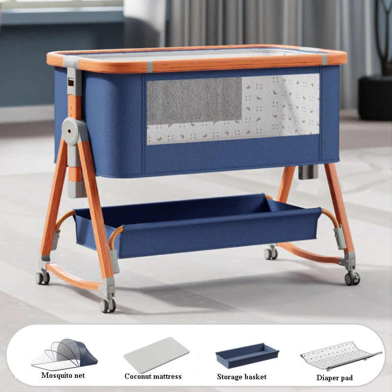 Easy Folding Baby Bed Bedside Sleeper with Storage Basket and Wheels Adjustable and Movable Baby Cradle with Mosquito Nets