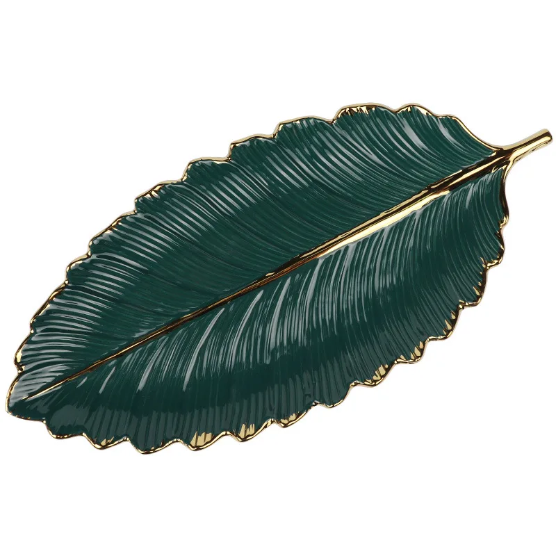 Luxury Nordic Teal&White Gold Rim Banana Leaf Shaped Ceramic Plates Porcelain Tropical Dessert Serving Tray Customized OEM