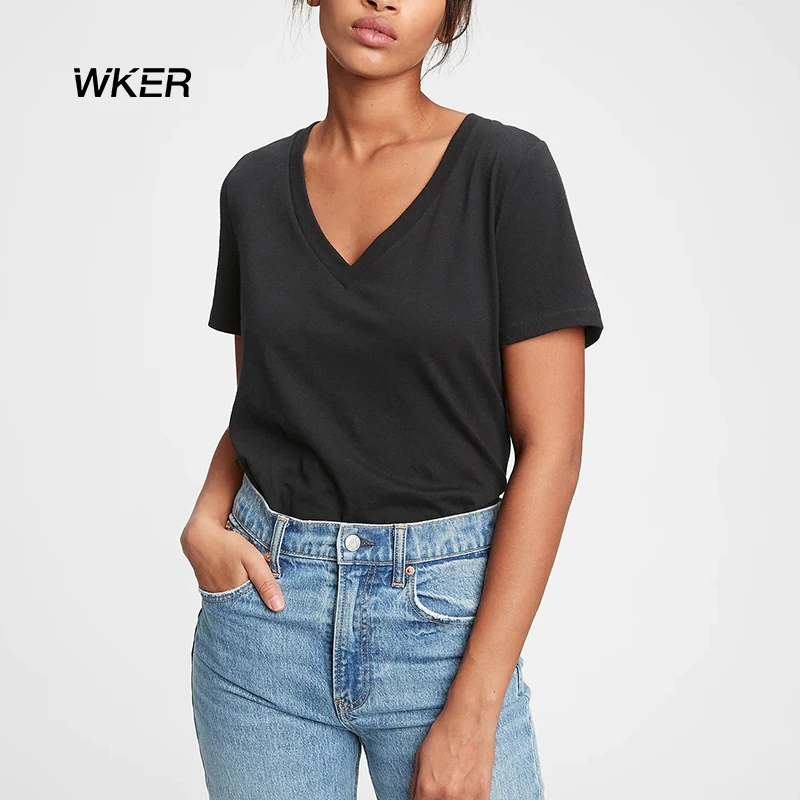 
Винтажная Футболка WKER из 100% органического хлопка с V-образным вырезом и логотипом на заказ для привлекательной леди 