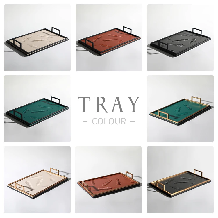 hot-sell modern hotel feather pattern decoration rectangular luxury leather tray with gold handle