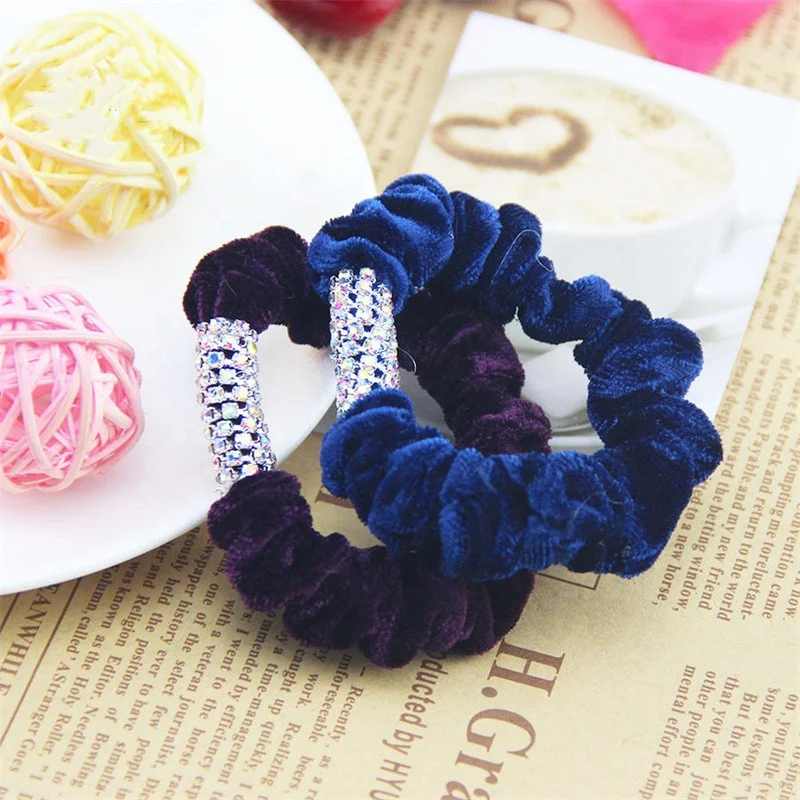 Custom Shiny Rhinestone Velvet Elastic Hair Rope Scrunchie Stretch Hair Tie For women Girl Hair Accessories Ponytail Holder