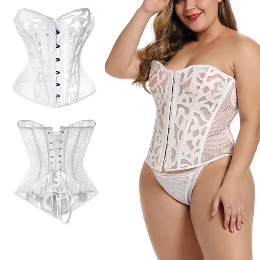Plus Size Thong Bodysuit Hourglass Body Shapers Wedding Leather Korsett Women White Mesh Bridal Corset Top With T String