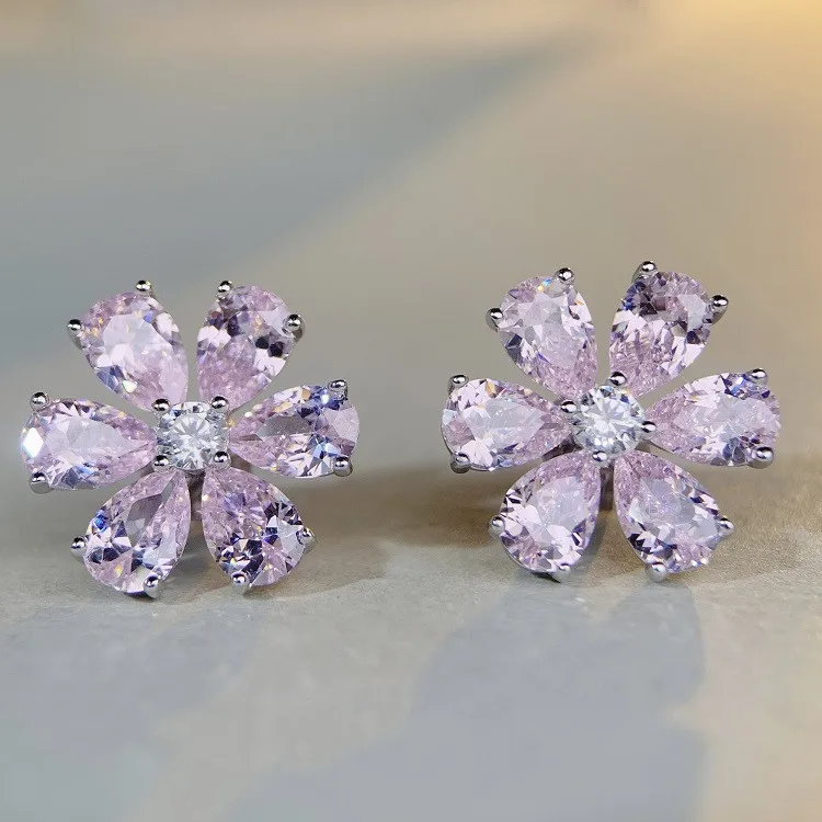 Wholesale Pink Flower Earrings Powder Gem Shining High-Carbon Diamond S925 Sterling Silver Earrings for Women Jewelry