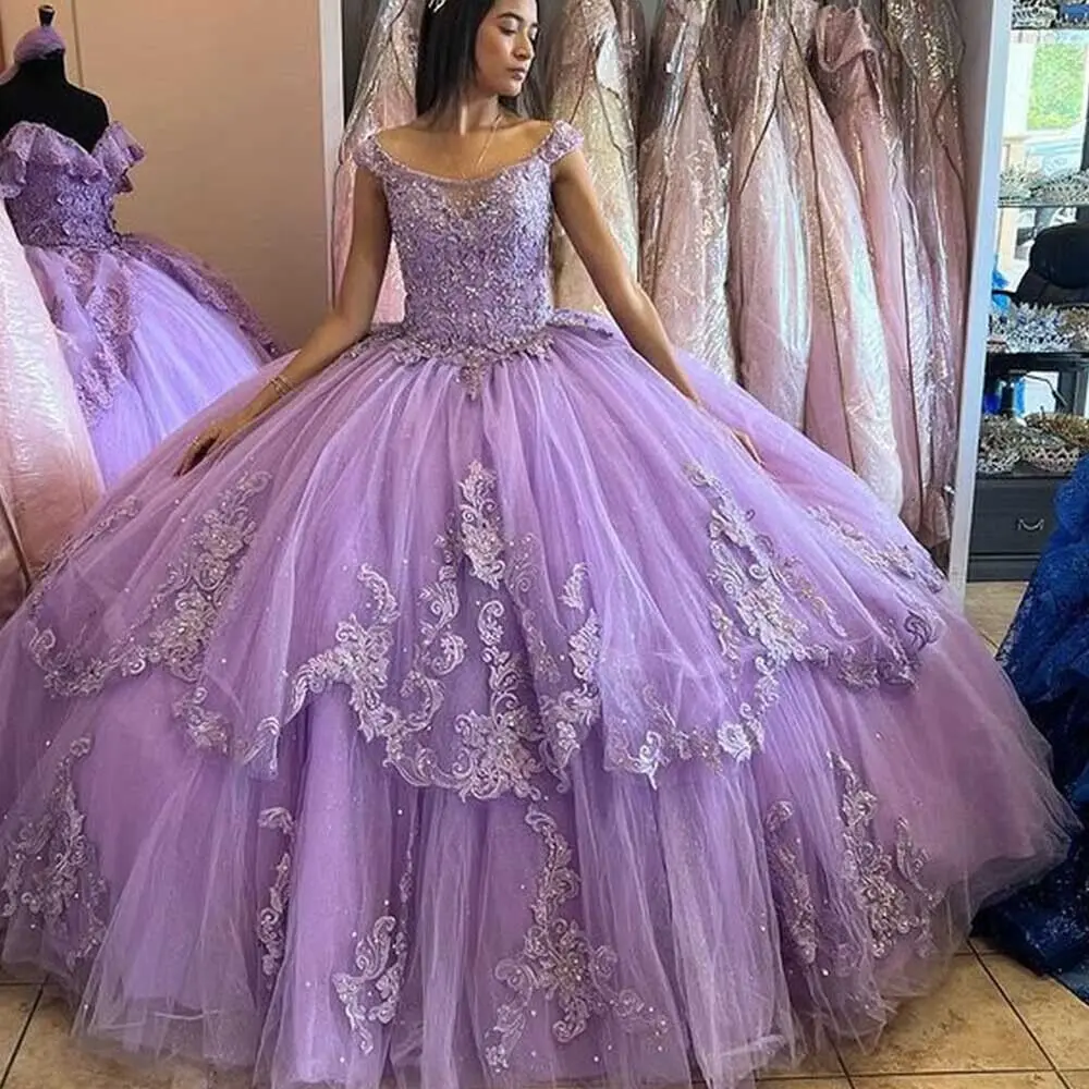 Lilac Quinceanera Dresses Ball Gown Sweet 15 16 Dress With Bow Beaded Lace Applique Graduation Party Gowns MQ491