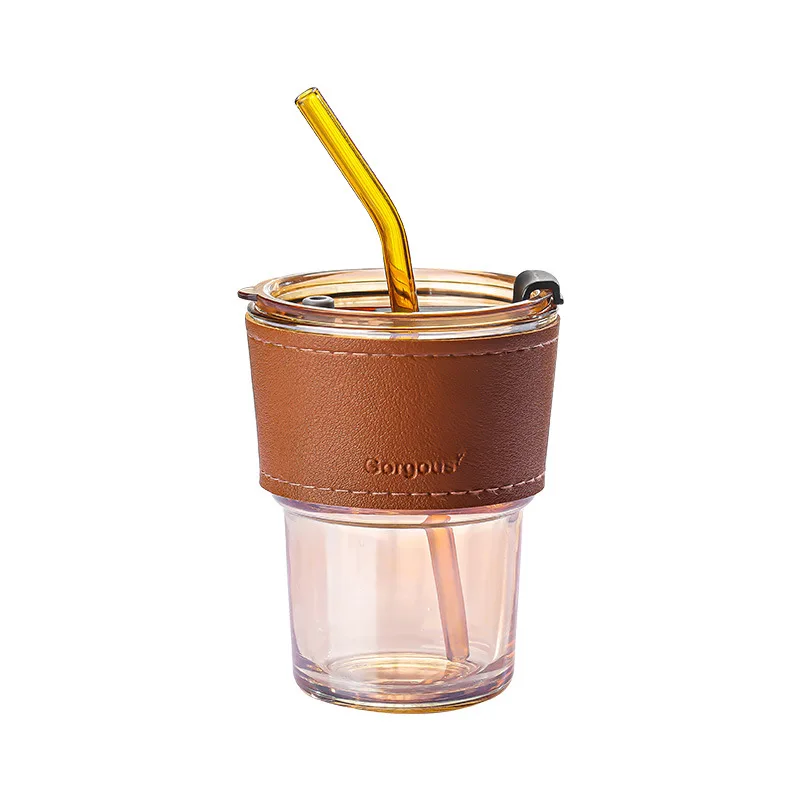New Arrival Korea Style Leather Amber Glass Vaso Cup Drinking Tazas Iced Coffee Glass Water Cup With Straw