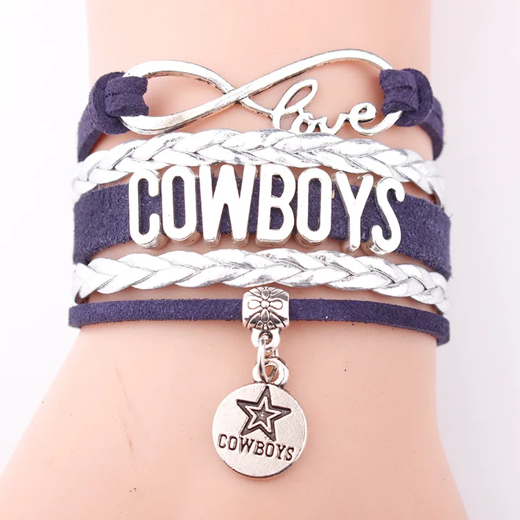 Wholesale Handmade Cowboys Football Charm Leather Bracelet Football Team Bracelet