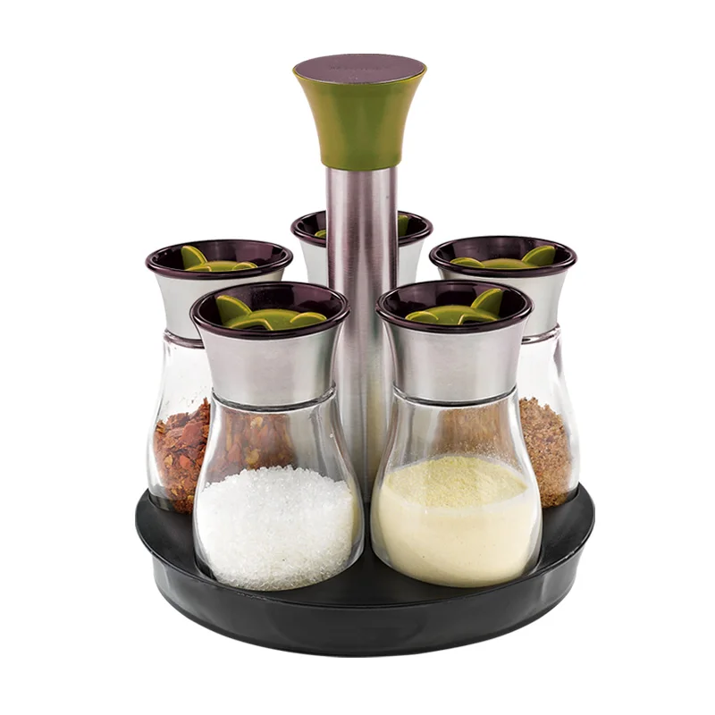 Wholesale 5 in 1 Revolving Bottle Rack with Stand Holder Salt and Pepper Plastic Dispenser Rack Spices Seasoning set