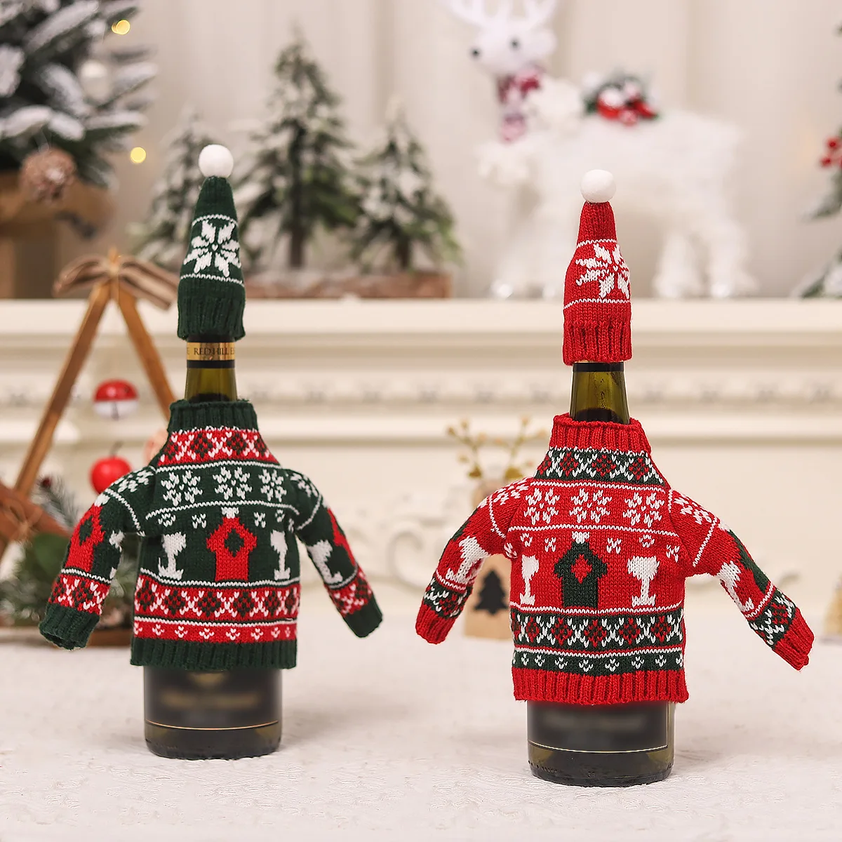 2024 New Design Christmas decorations red wine champagne bottle hat knitted two-piece Christmas table dress up party Restaurant