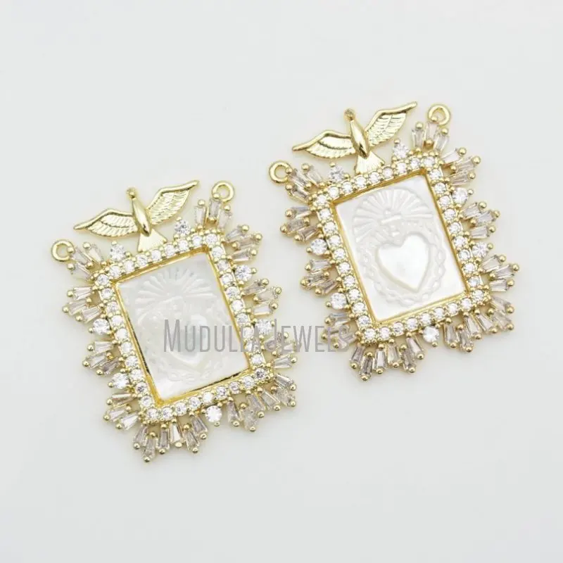 PM43443 Bird Eagle Sacred Catholic Heart Amulet Spiritual Religious Pendant Gold Plated Carved Mother of Pearl Jewelry Charm