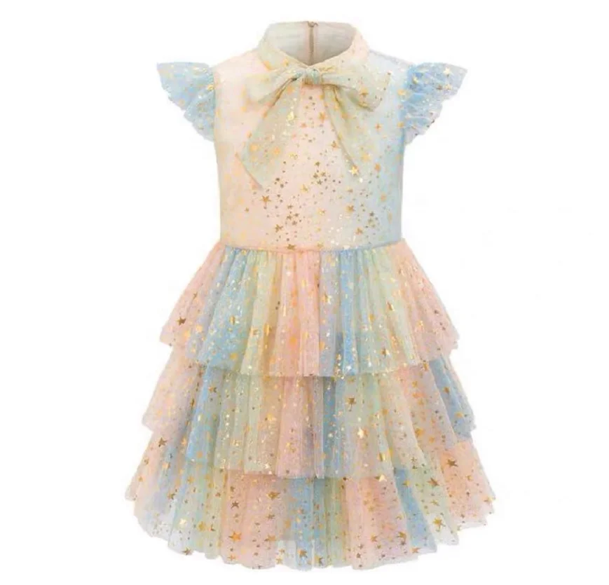 2024 OEM/ODM Gold Star Foil Print Rainbow Bow High Collar Elegant Layers Girls Tulle Dress