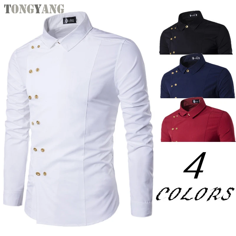 TONGYANG Fashion Spring Shirts Casual Men Oblique Button Irregular Double Breasted Men Long Sleeve Male Slim Fit Shirt Asia Size