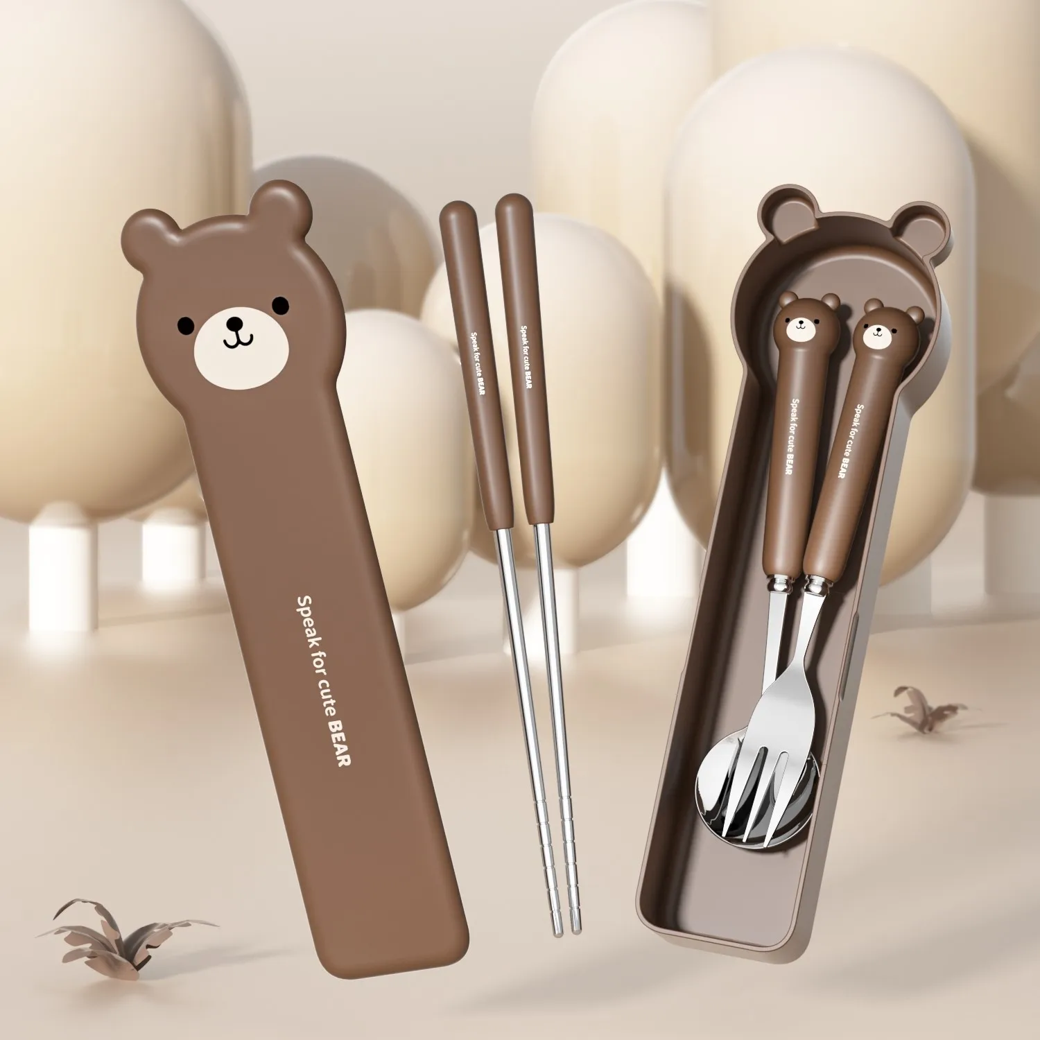Lovely Bear Kids Cutlery Set Stainless Steel 304 Travel Cutlery Set with Case Children Fork Spoon Chopsticks  Flatware Set