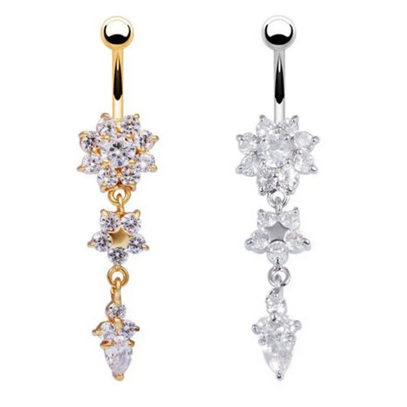 Sexy gold belly piercing navel ring flower pendant zircon flower navel ring Belly Button Ring