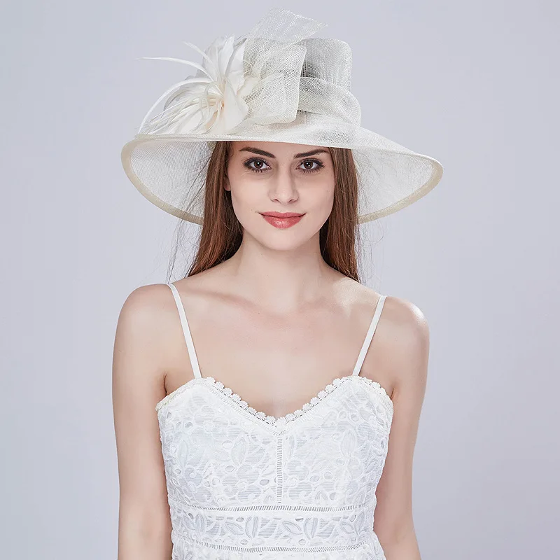 2024 Custom Fashion Women Lady Sinamay Wide Brim Church Hat Kentucky Derby Dress Hat Flower Tea Party Wedding White Hat