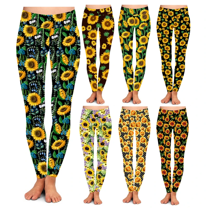 OS TC 92% Polyester 8% Spandex Brown Sunflower Flowers Buds Leaf High Waist Elastic Waist Sunflower Flower Print Leggings