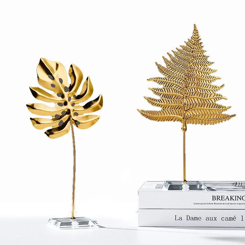 European creative metal crafts living room model room home decoration crystal base golden leaf ornaments modern gold decor