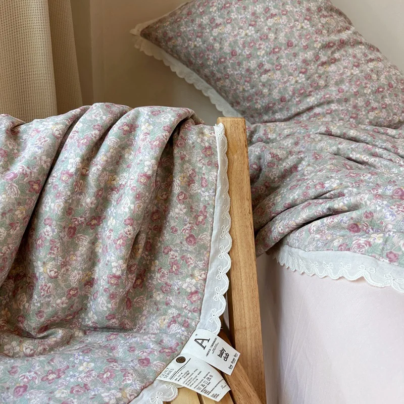 Pure cotton double-layer yarn lace summer cool quilt soybean fiber air conditioning quilt four piece set