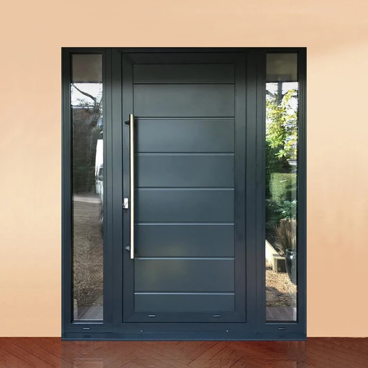 Foshan factory price modern front entry veneer wood glass single doors design exterior main entrance flush plywood wooden door