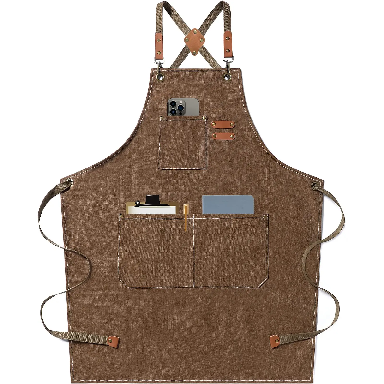 Custom Logo Chef Aprons for Men Women with Large Pockets Cotton Canvas Cross Back Heavy Duty Adjustable Work Apron