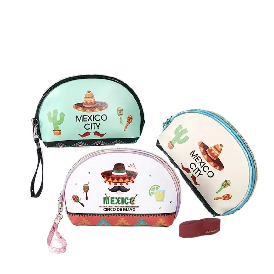 2024 New Mexican City Style Pu Leather Shape Makeup Pouch Printing English Letter Portable Storage Bags Large Capacity Toiletry