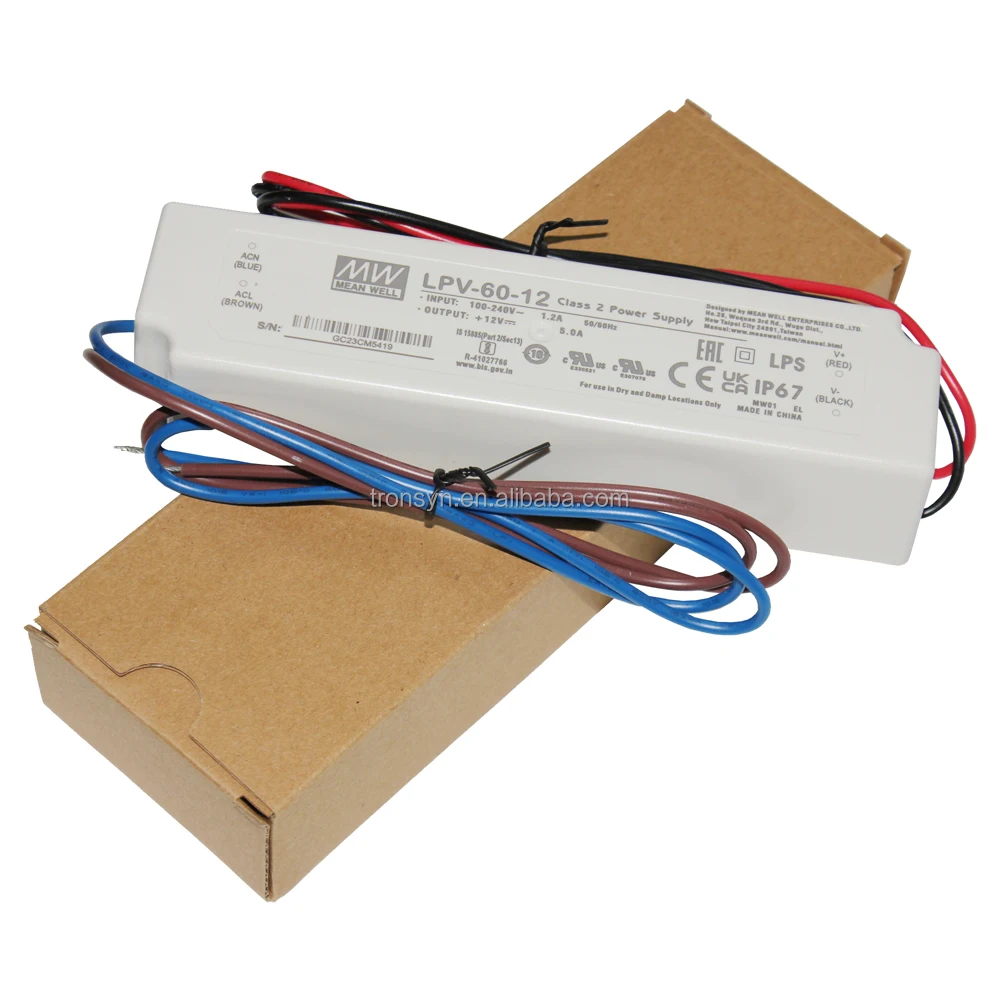 Meanwell разрешения LPV-60-12 Постоянное напряжение водонепроницаемый IP68 светодиодного драйвера 12V 60W