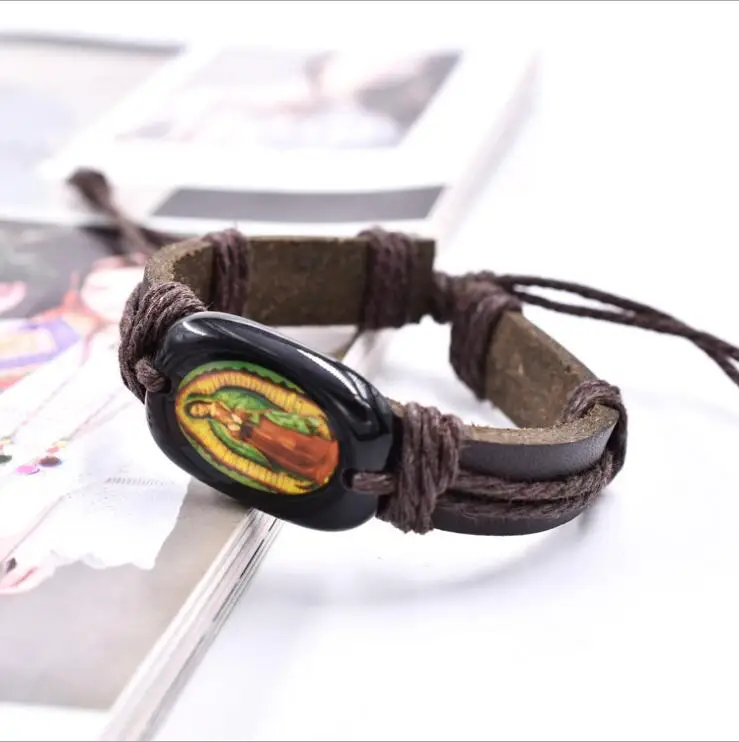 Wholesale Religious Holy Mother Maria Love Jesus Christ Cross Charm Christian Gift Jesus Bang Leather Bracelet