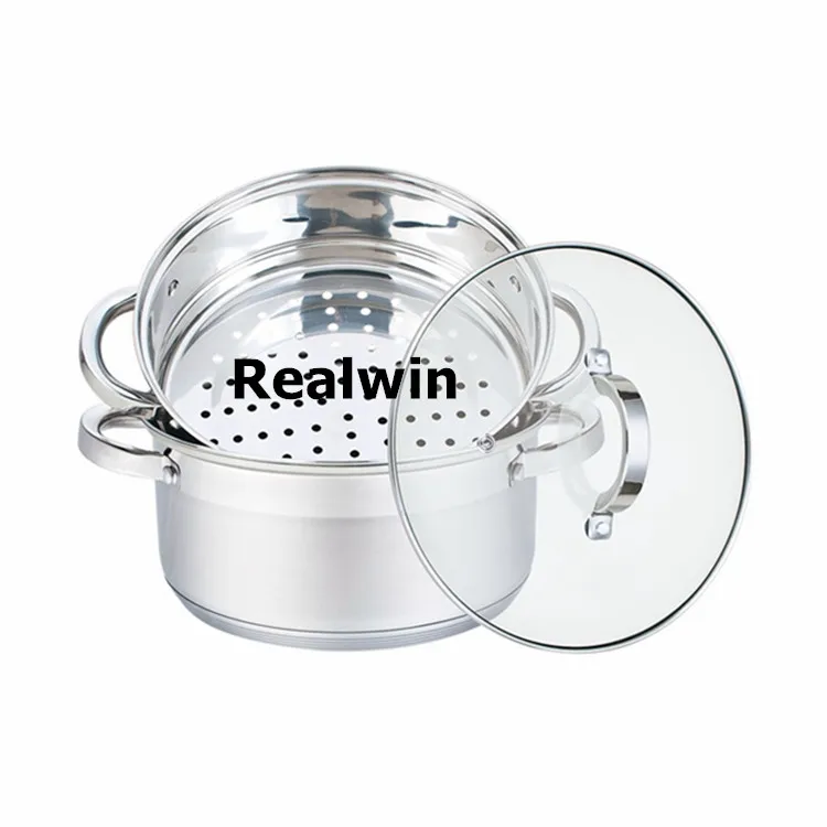 Induction 3Pc Steamer Pot Multi Level Food Steamer With Glass Lid Double Boiler Pot Set Compatible with All Heat Sources