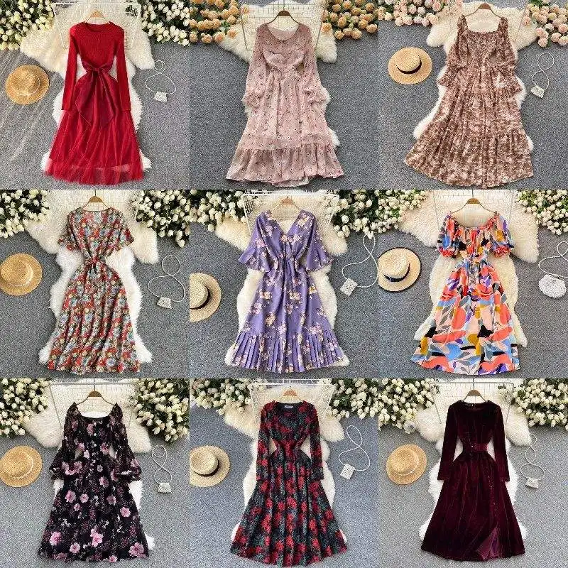 Digital Print Ladies Long Chiffon Dresses Elegant Vacation Women Dresses Floral Print Maxi Casual Dresses Stock