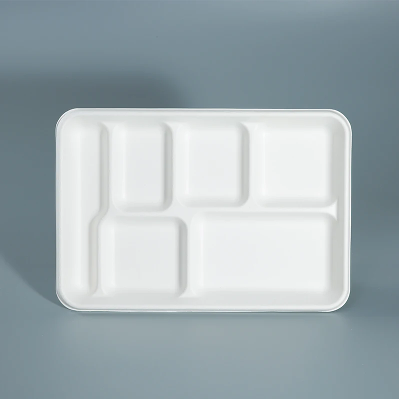 FULING PFAS FREE Disposable Biodegradable 6 Compartment Sugarcane Pulp Lunch Food Tray