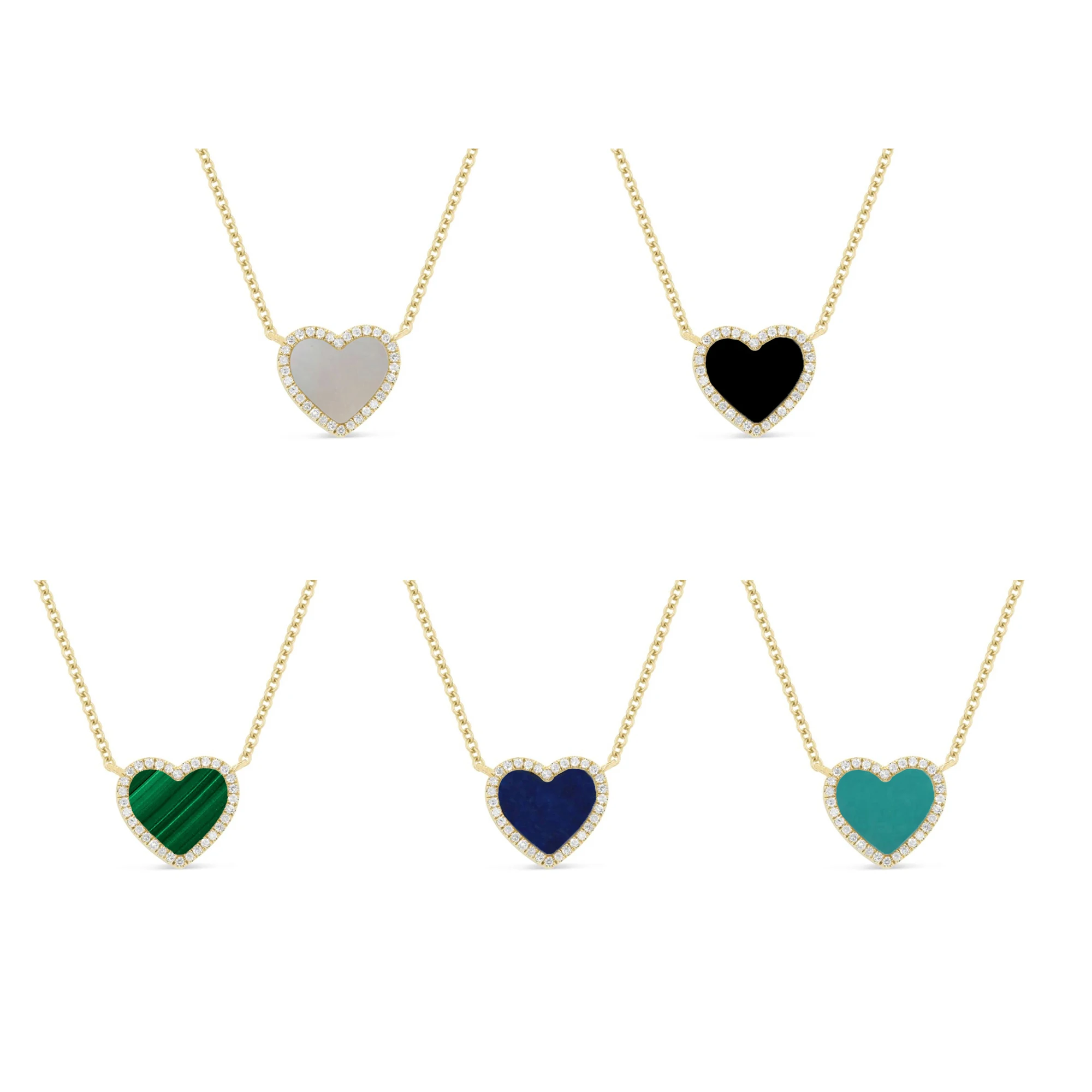 Nature Stone Malachite Turquoise Lapis Onyx MOP Heart Necklace For Women Jewelry 925 Sterling Silver
