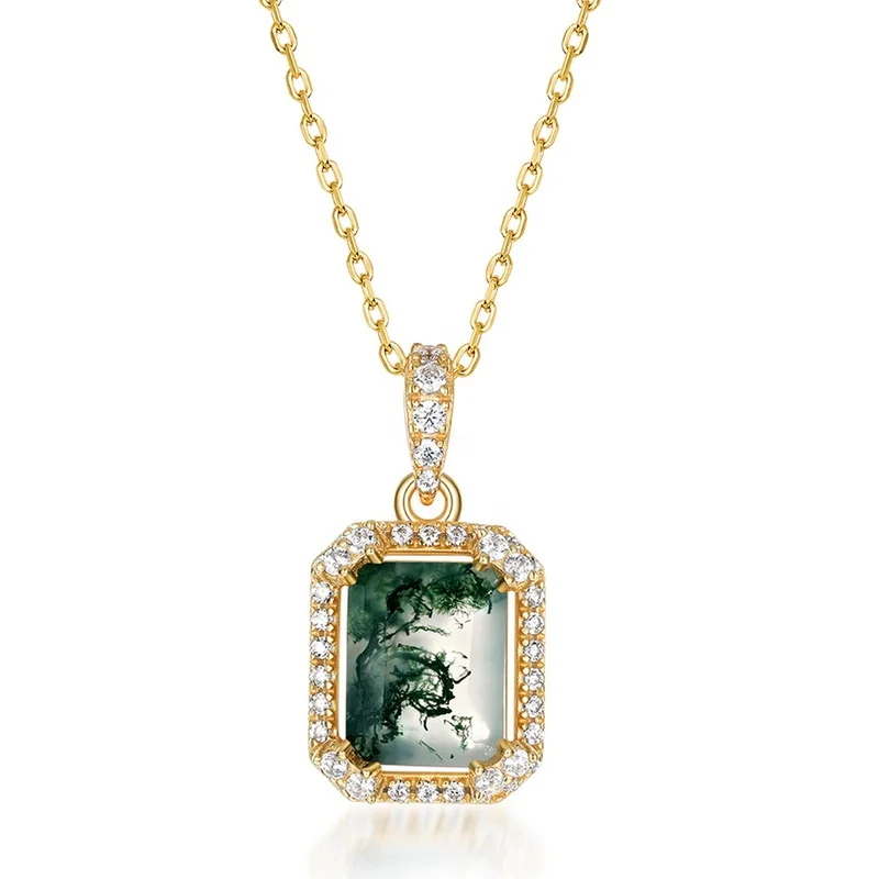 Find Jewelry 925 Sterling Silver Gold Plated Green Crystals Pendant Vintage Rectangle Natural Moss Agate Pendant Necklace